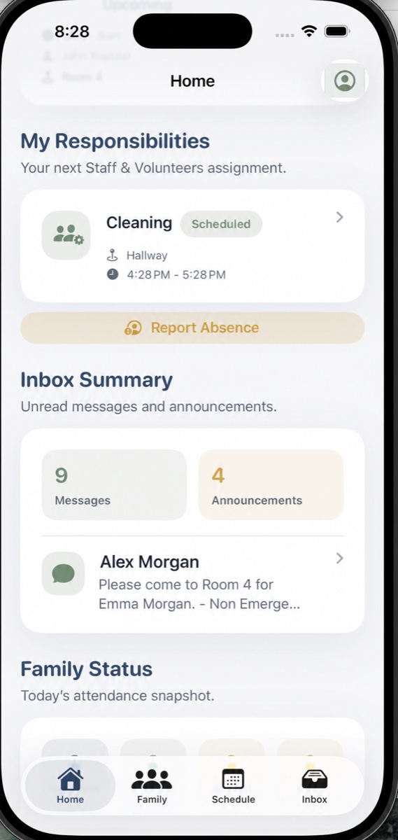 Parent app home screen with messages, announcements, responsibilities, and family status