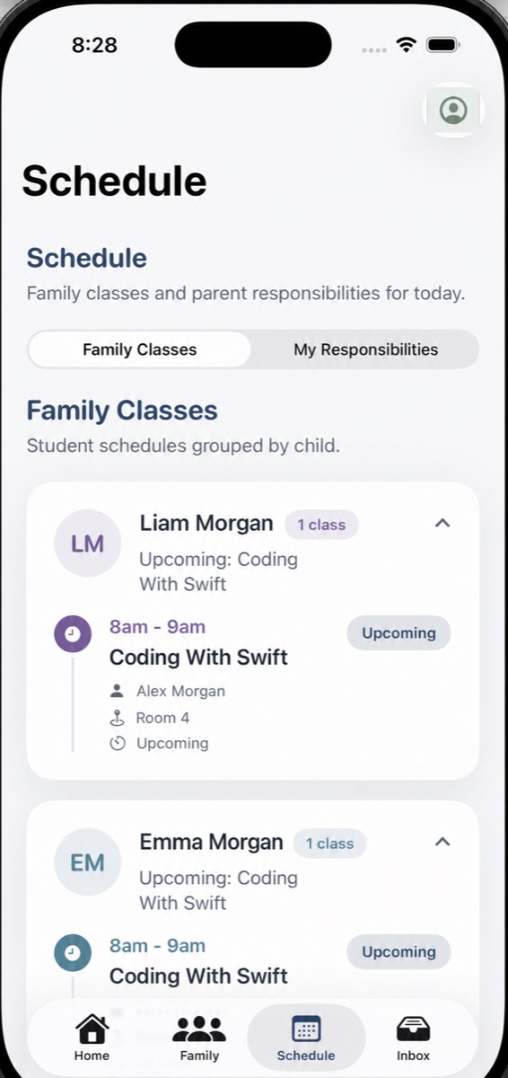 Parent app family schedule screen using fictional names