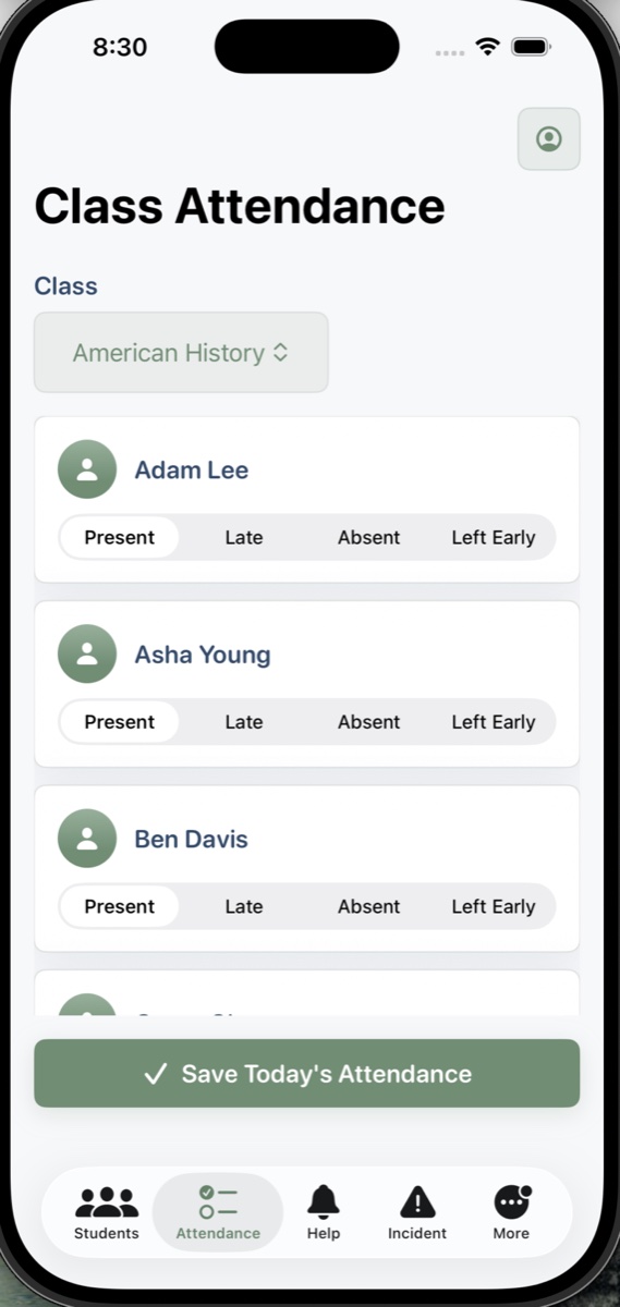 Teacher app class attendance screen